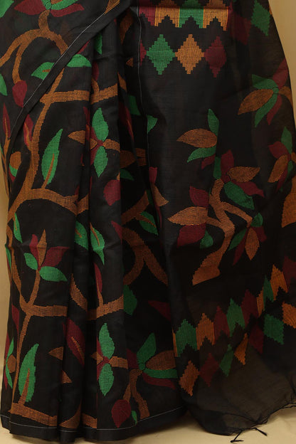 Stunning Black Jamdani Tussar Silk Saree