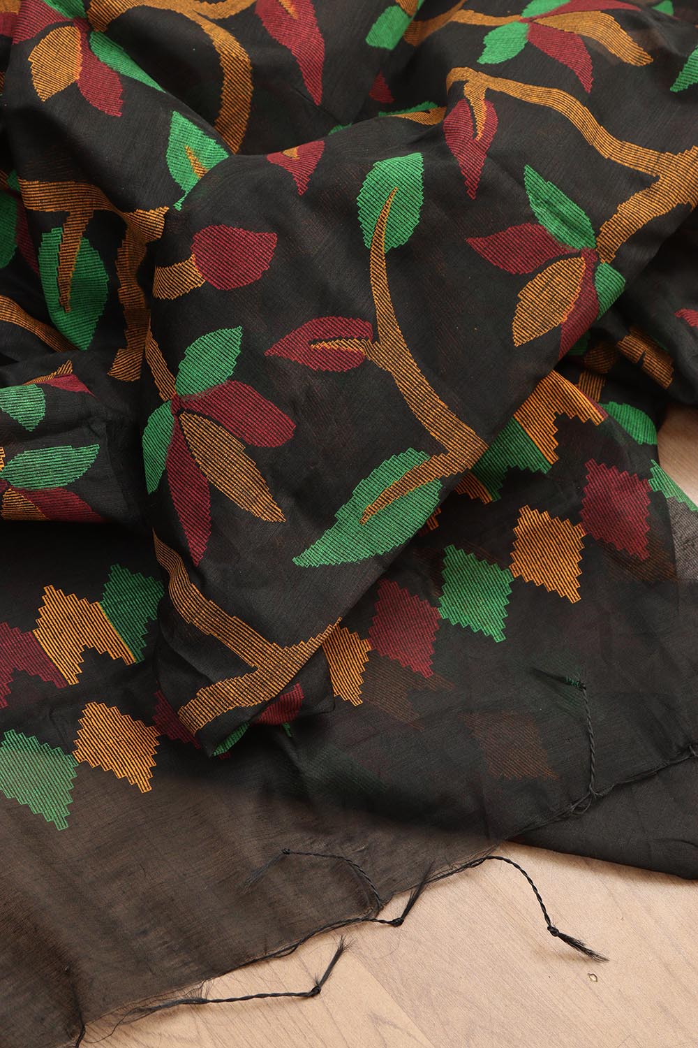 Stunning Black Jamdani Tussar Silk Saree