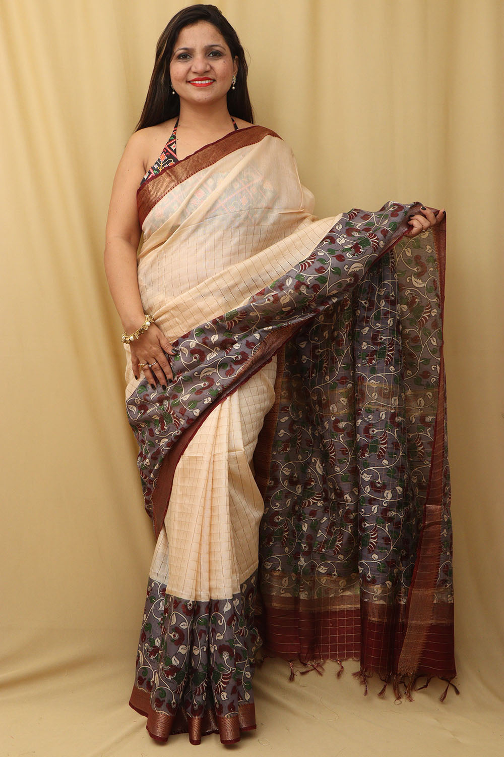 Exquisite Cream & Purple Kalamkari Silk Saree