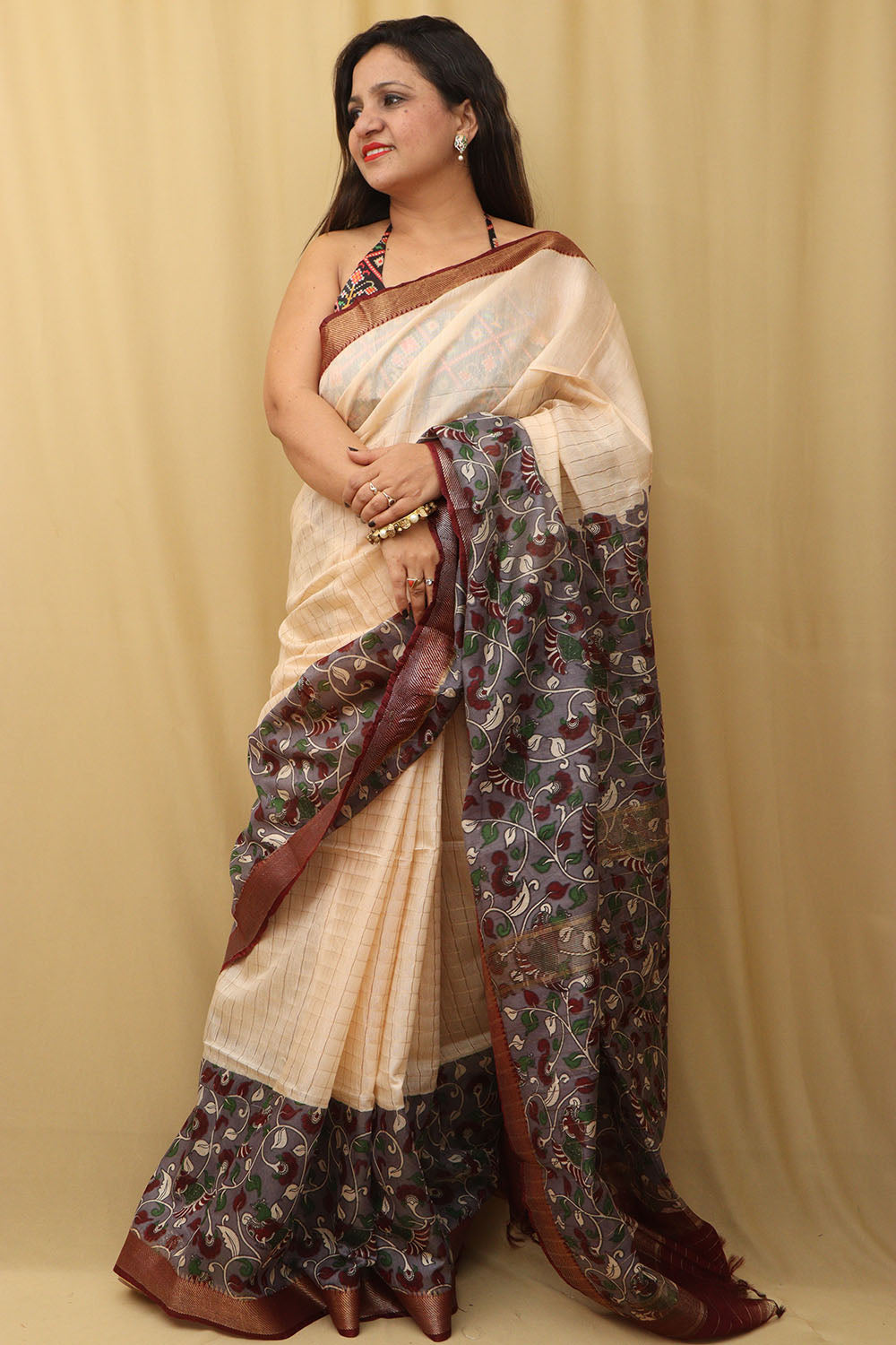 Exquisite Cream & Purple Kalamkari Silk Saree