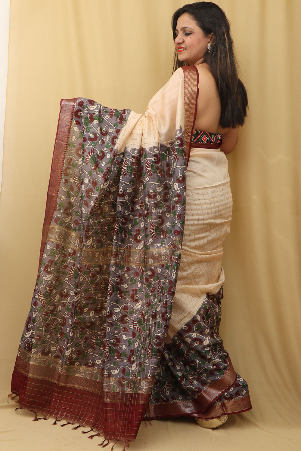 Exquisite Cream & Purple Kalamkari Silk Saree
