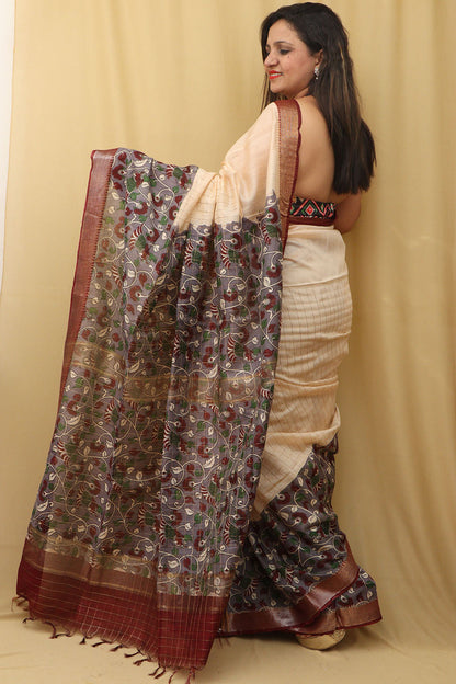 Exquisite Cream & Purple Kalamkari Silk Saree