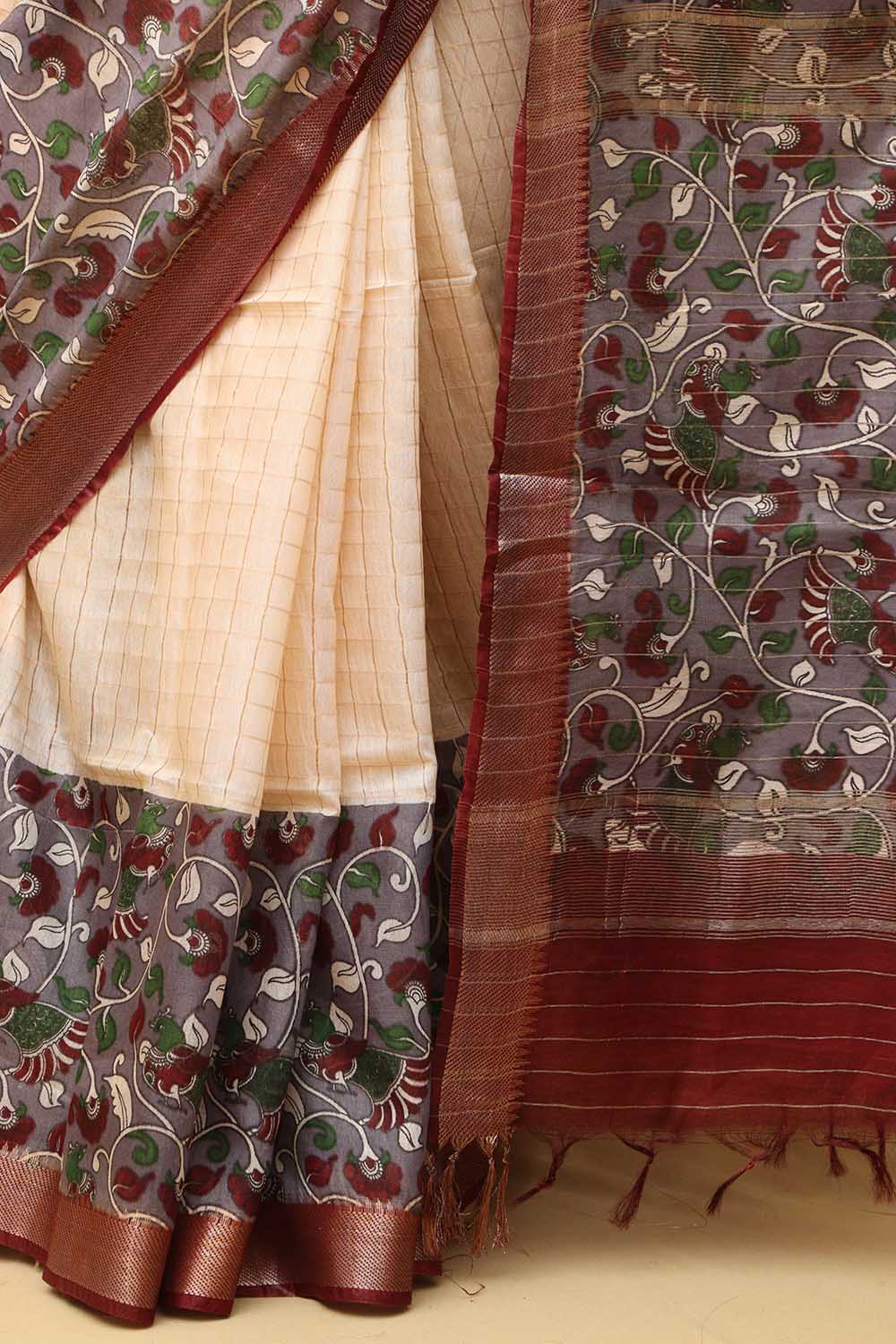 Exquisite Cream & Purple Kalamkari Silk Saree