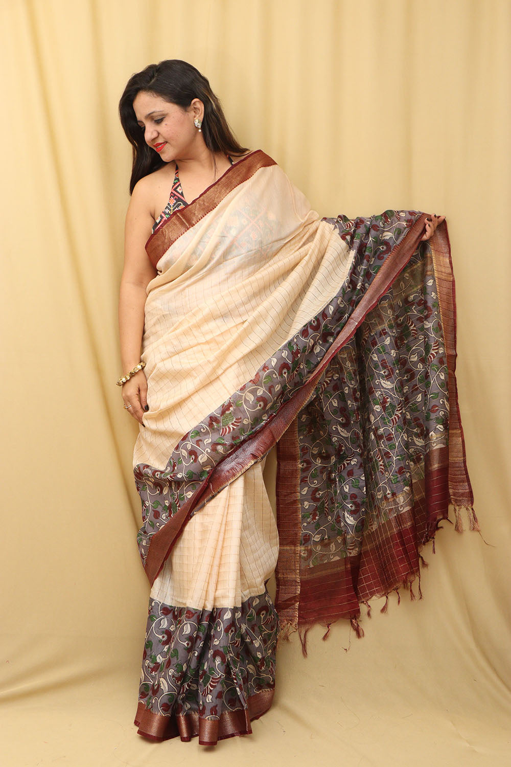 Exquisite Cream & Purple Kalamkari Silk Saree
