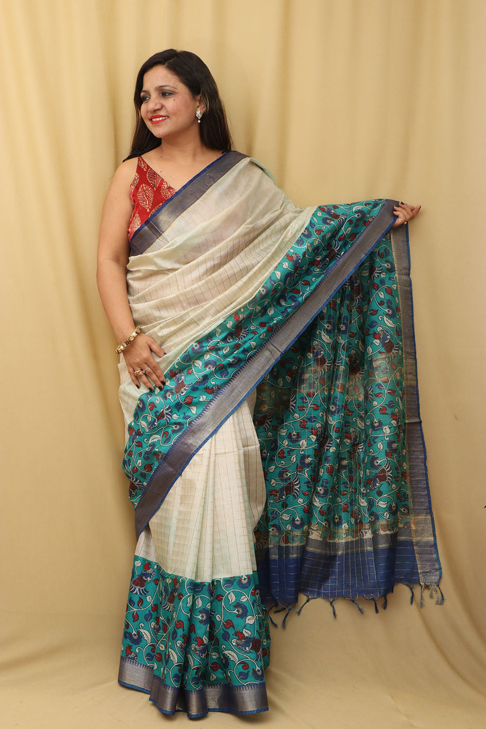 Stunning Cream & Blue Kalamkari Silk Saree