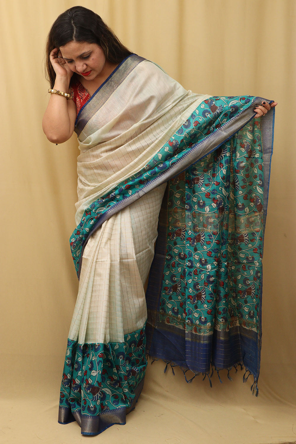 Stunning Cream & Blue Kalamkari Silk Saree