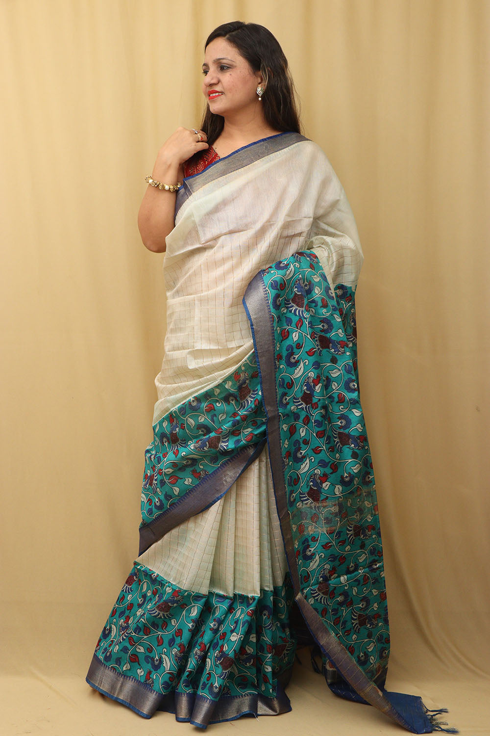 Stunning Cream & Blue Kalamkari Silk Saree