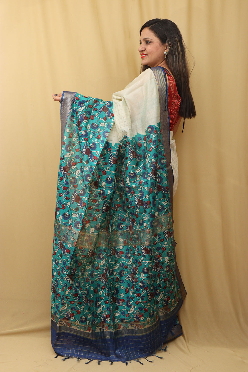 Stunning Cream & Blue Kalamkari Silk Saree