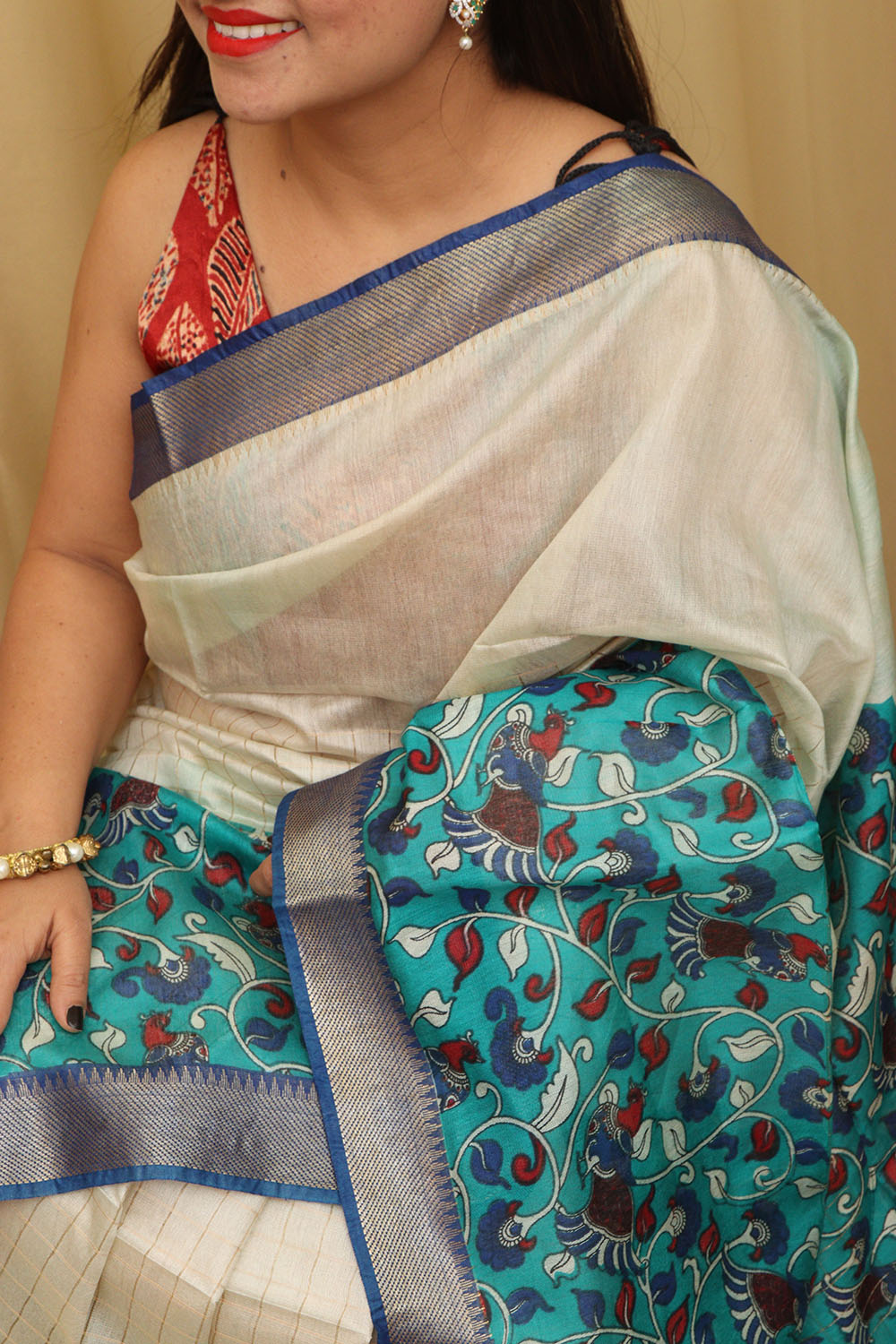 Stunning Cream & Blue Kalamkari Silk Saree