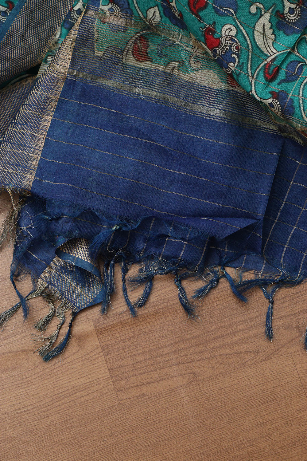 Stunning Cream & Blue Kalamkari Silk Saree