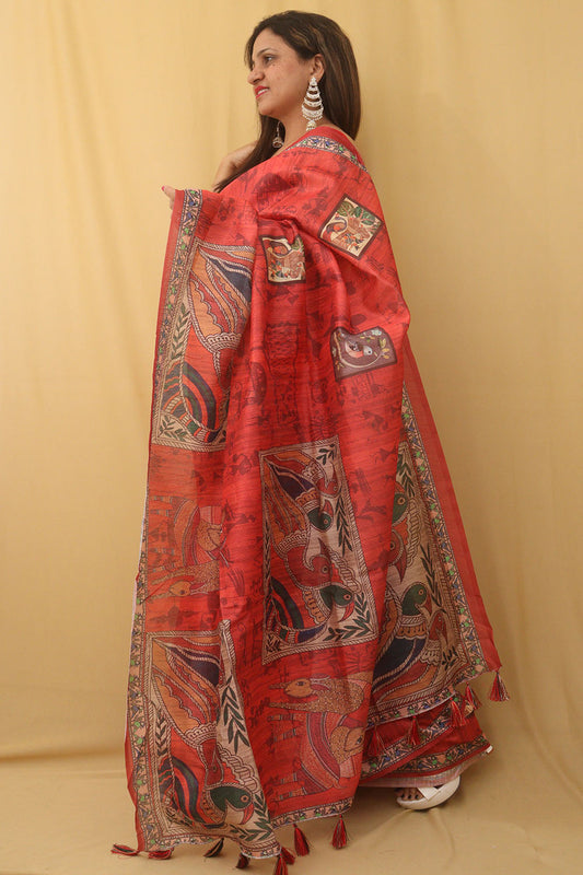 Red Kalamkari Print Semi Tussar Silk Saree - divyaindia 