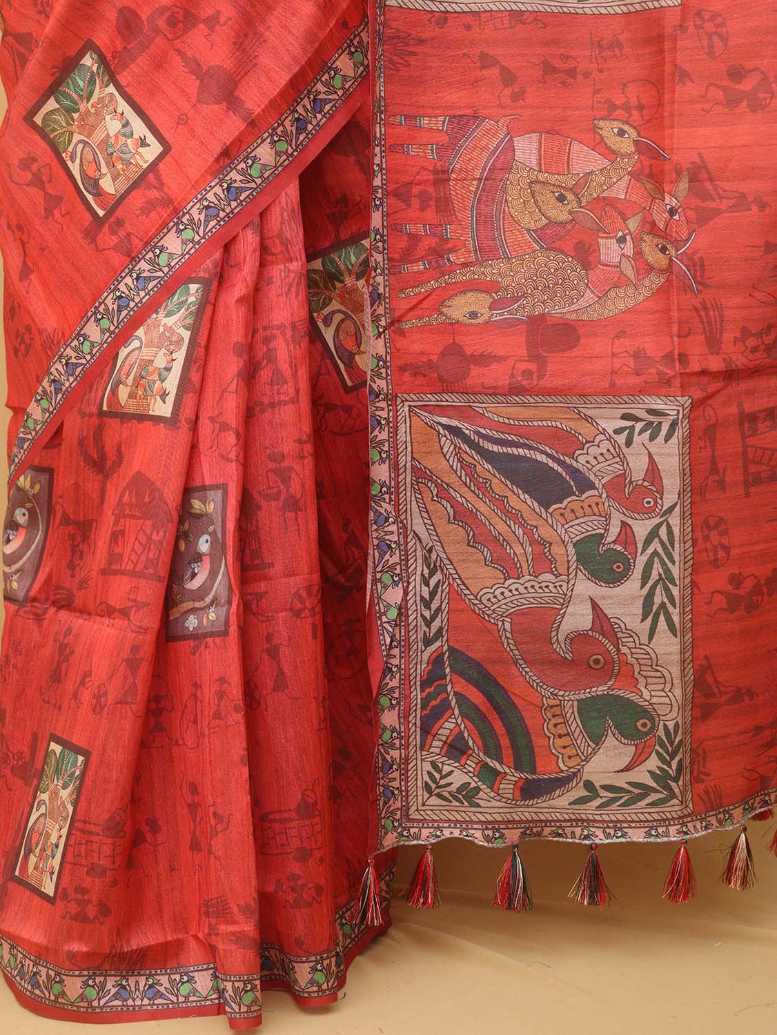 Red Kalamkari Print Semi Tussar Silk Saree - divyaindia 