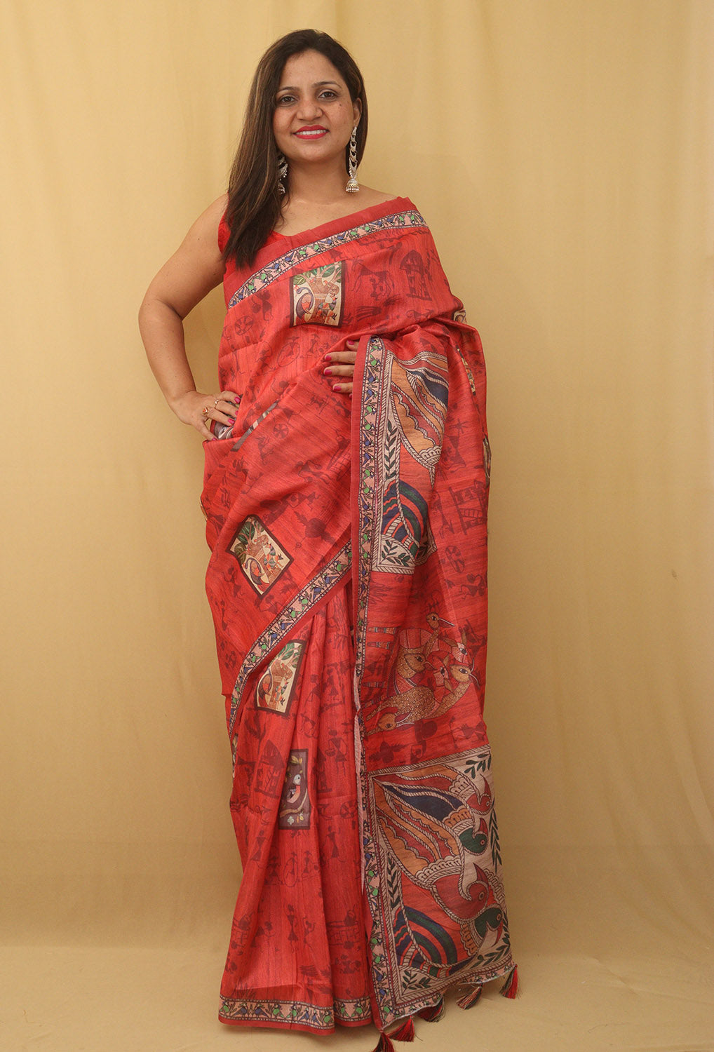 Red Kalamkari Print Semi Tussar Silk Saree - divyaindia 