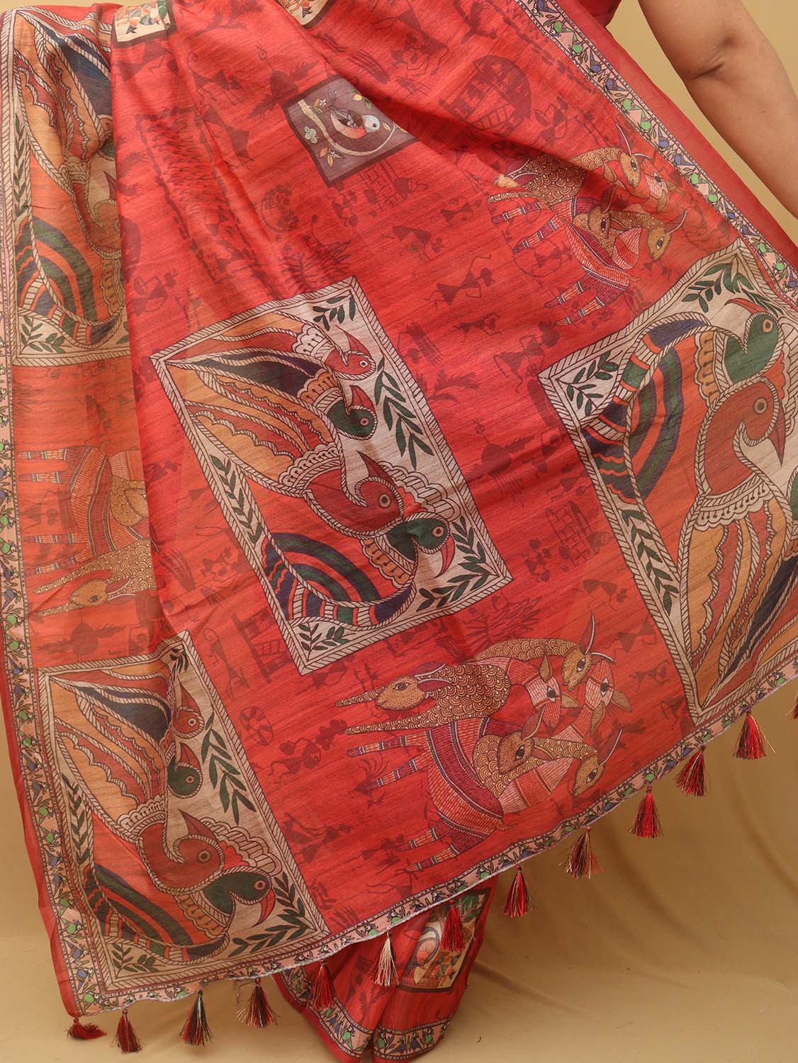 Red Kalamkari Print Semi Tussar Silk Saree - divyaindia 