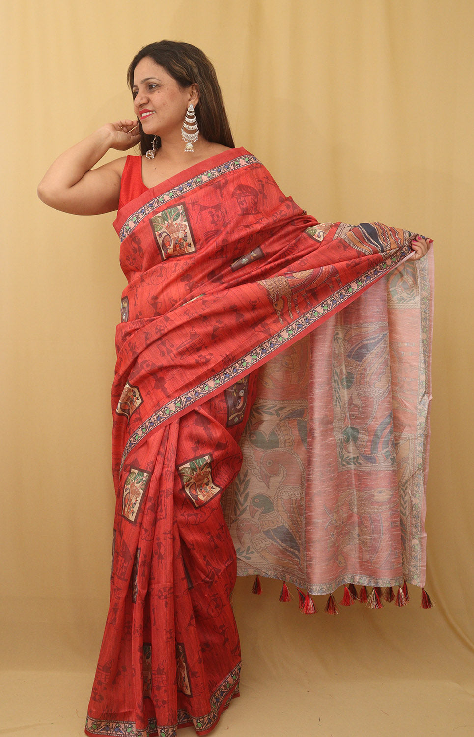 Red Kalamkari Print Semi Tussar Silk Saree - divyaindia 