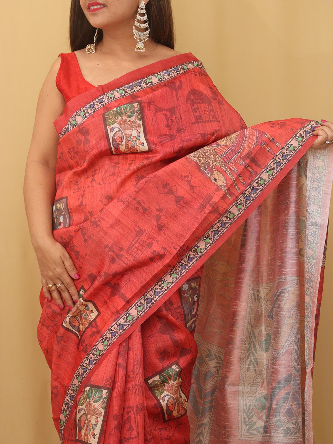 Red Kalamkari Print Semi Tussar Silk Saree - divyaindia 