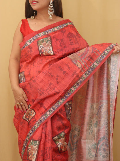 Red Kalamkari Print Semi Tussar Silk Saree - divyaindia 