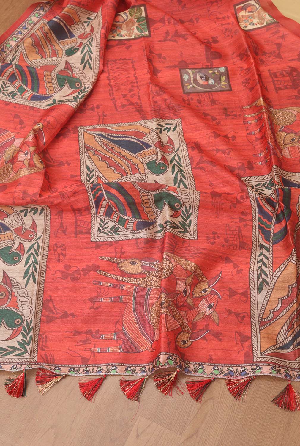 Red Kalamkari Print Semi Tussar Silk Saree - divyaindia 