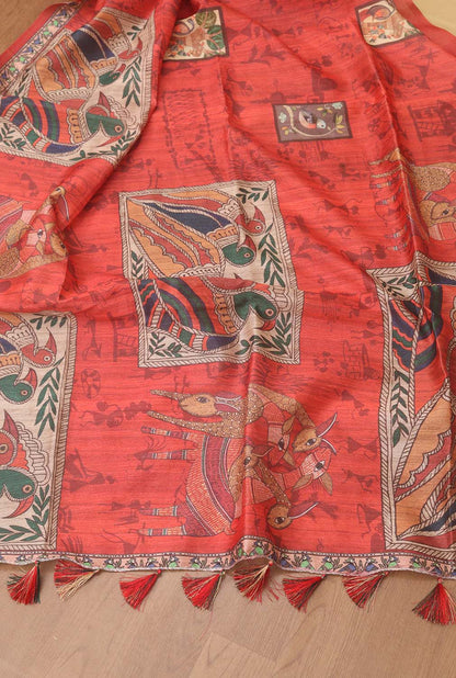 Red Kalamkari Print Semi Tussar Silk Saree - divyaindia 