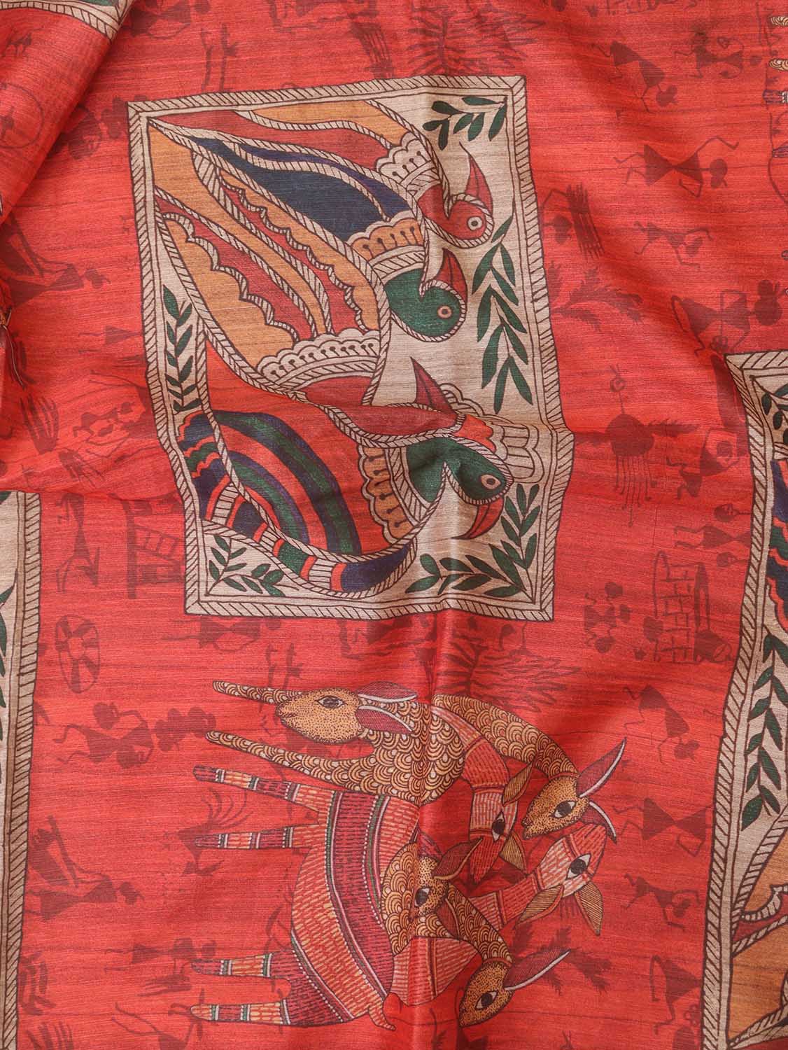 Red Kalamkari Print Semi Tussar Silk Saree - divyaindia 