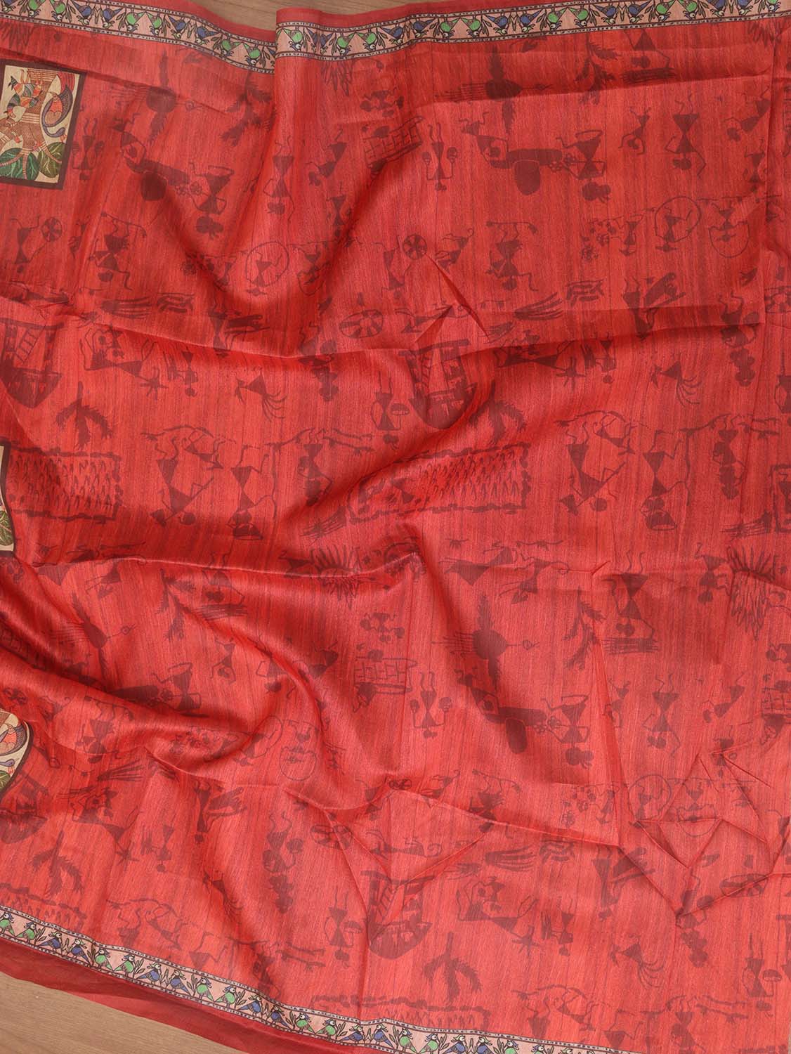 Red Kalamkari Print Semi Tussar Silk Saree - divyaindia 