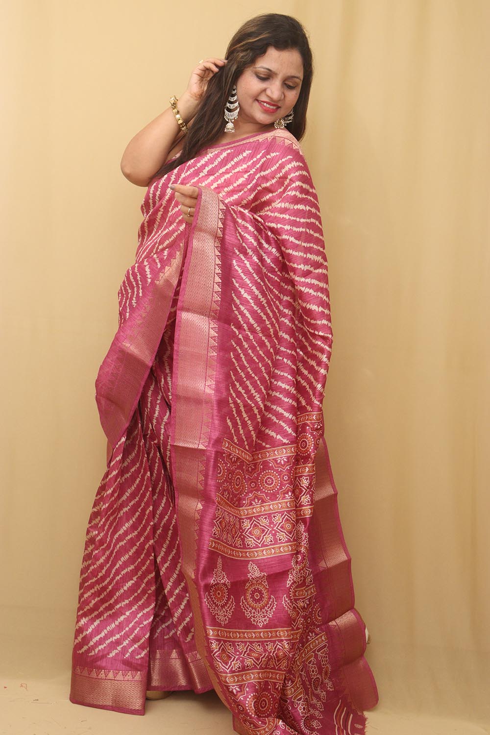 Stunning Pink Leheriya Print Tussar Silk Saree