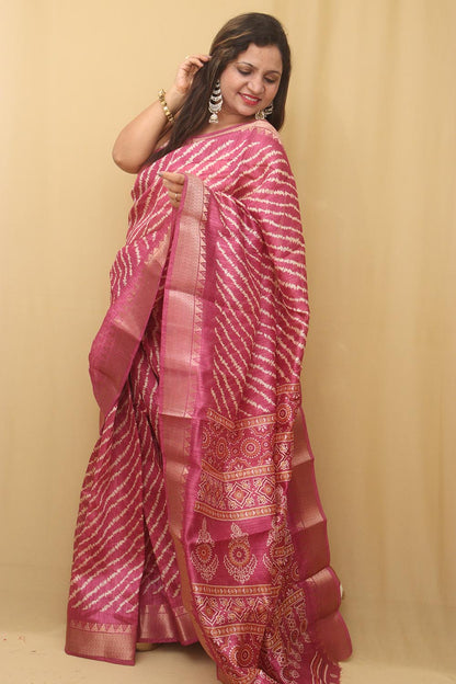 Stunning Pink Leheriya Print Tussar Silk Saree
