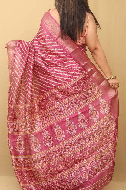 Stunning Pink Leheriya Print Tussar Silk Saree