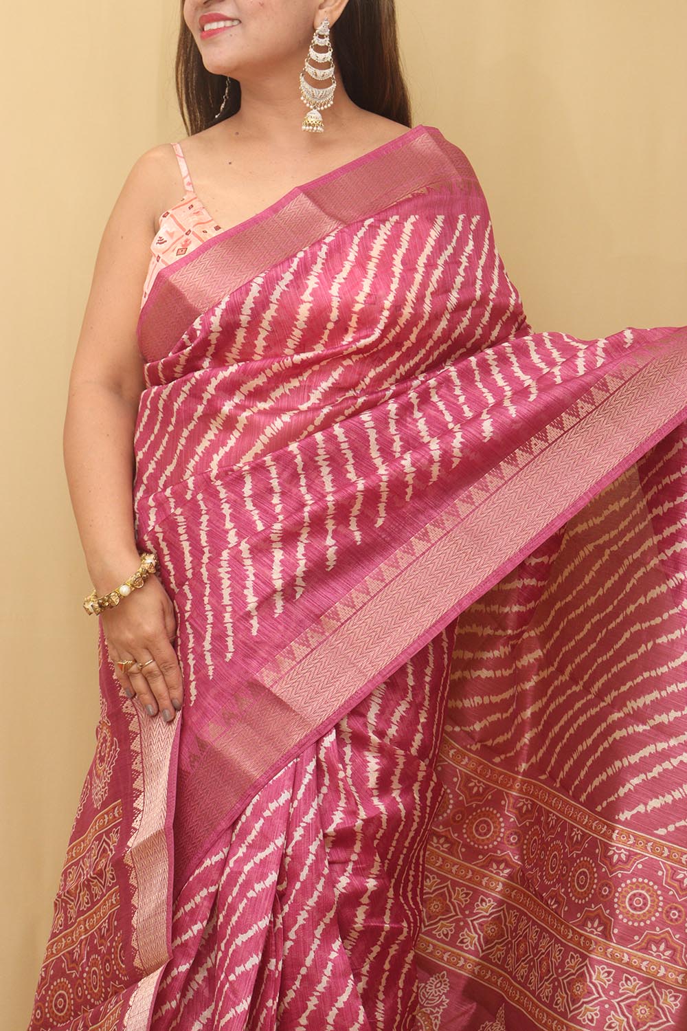Stunning Pink Leheriya Print Tussar Silk Saree