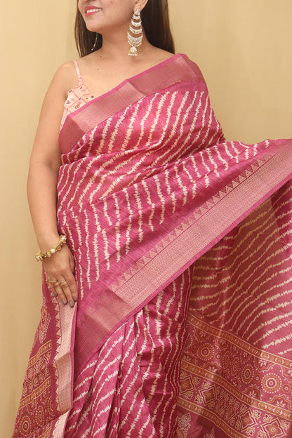 Stunning Pink Leheriya Print Tussar Silk Saree