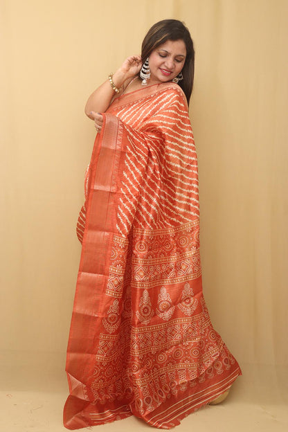 Vibrant Orange Leheriya Print Tussar Silk Saree