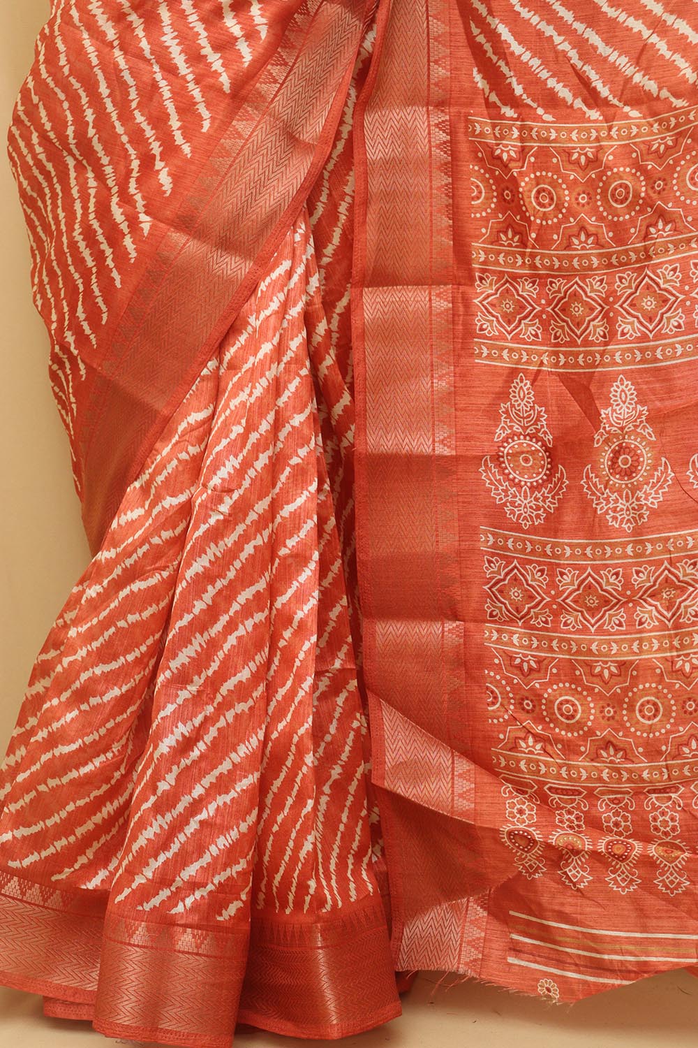 Vibrant Orange Leheriya Print Tussar Silk Saree