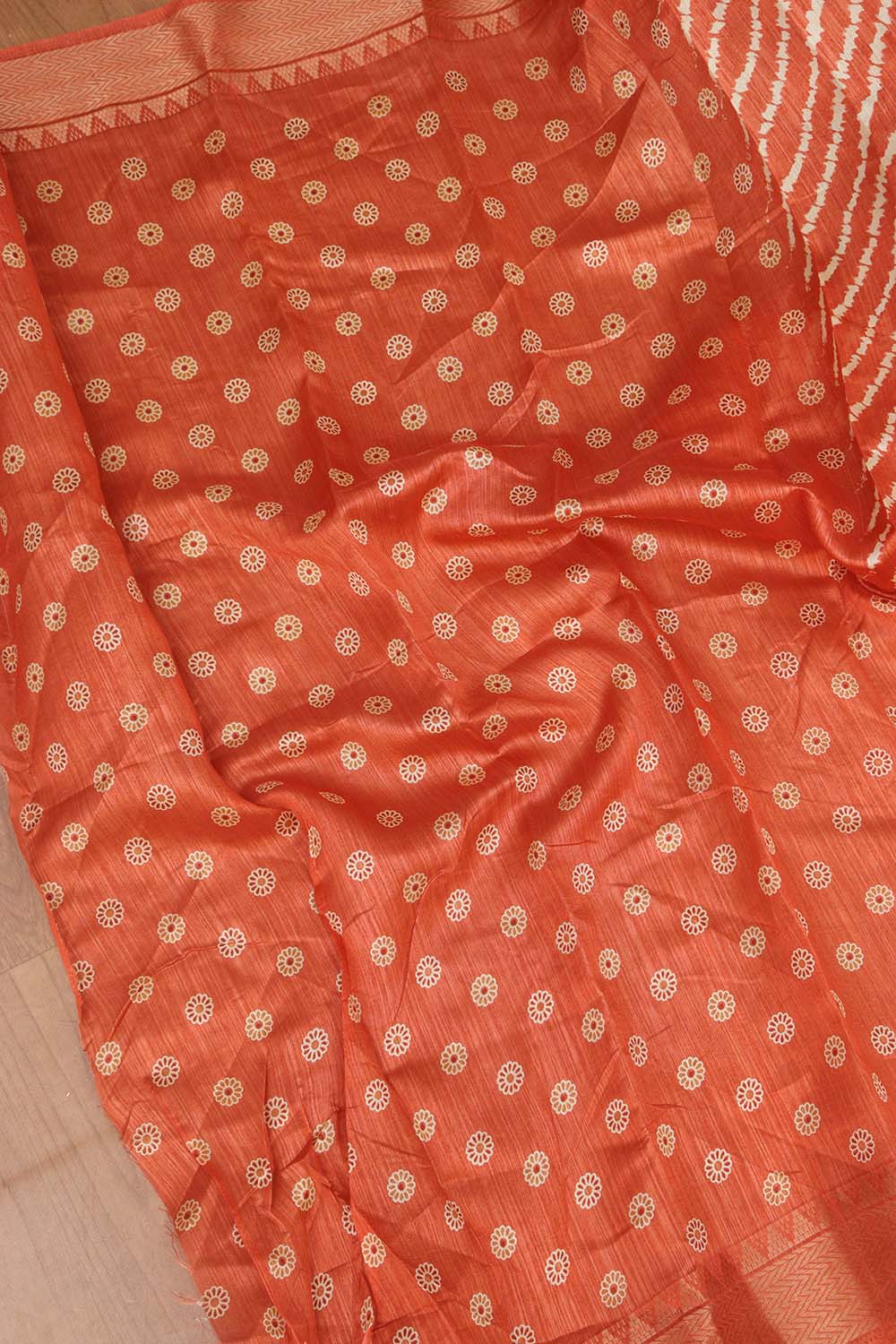 Vibrant Orange Leheriya Print Tussar Silk Saree