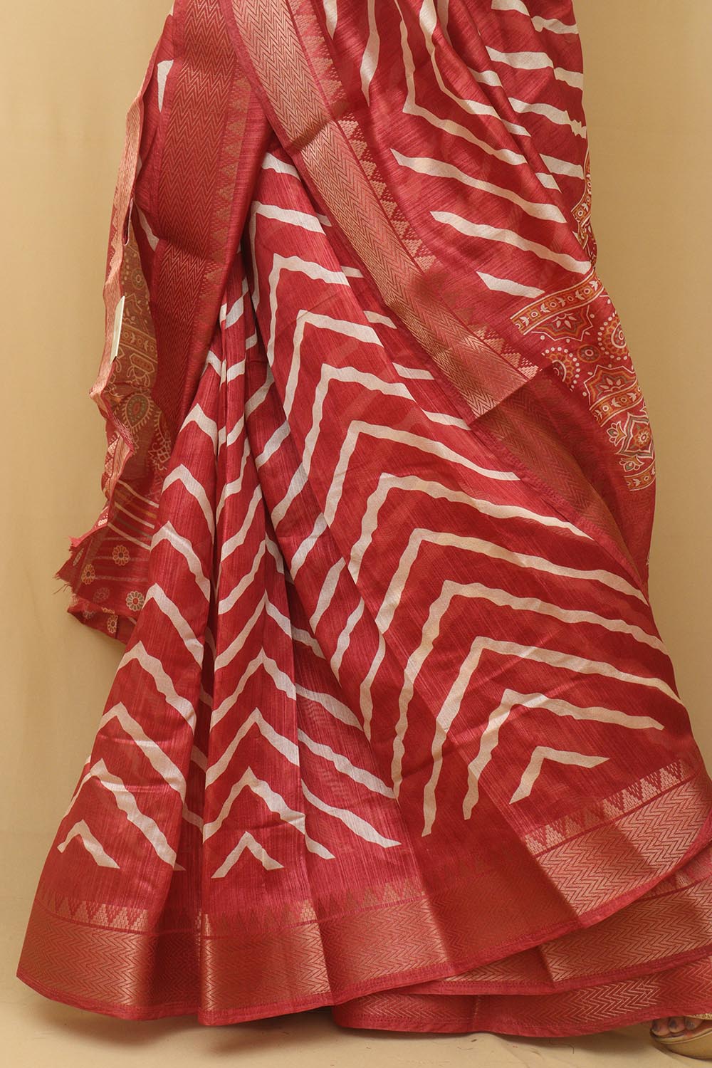 Vibrant Red Leheriya Print Tussar Cotton Silk Saree