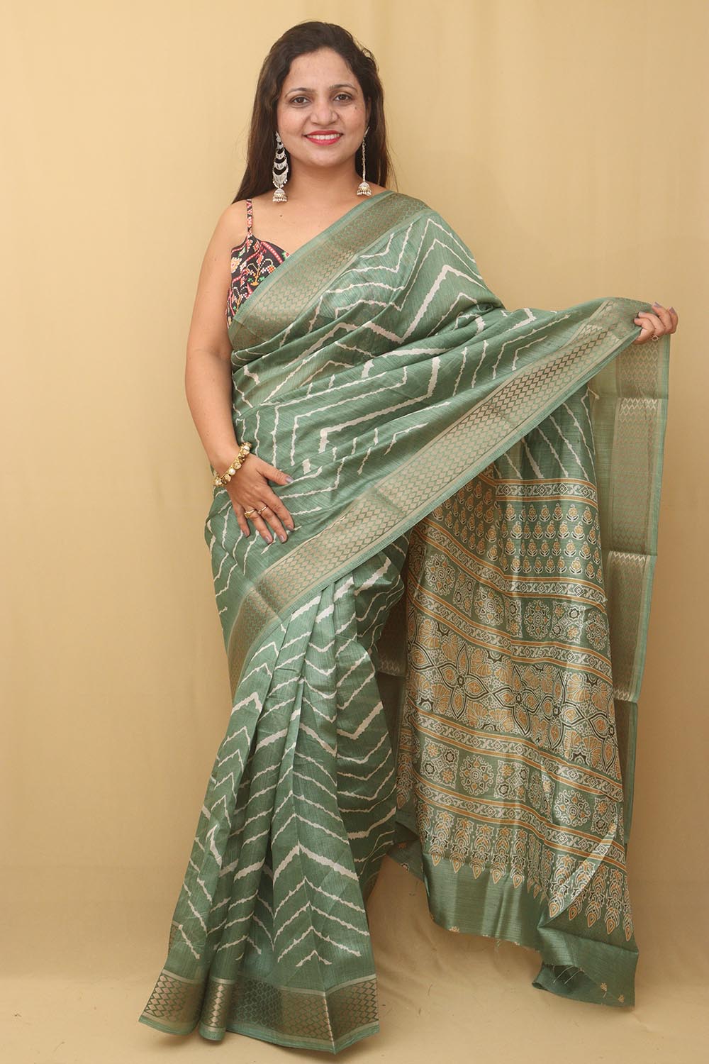 Stunning Green Leheriya Print Tussar Silk Saree