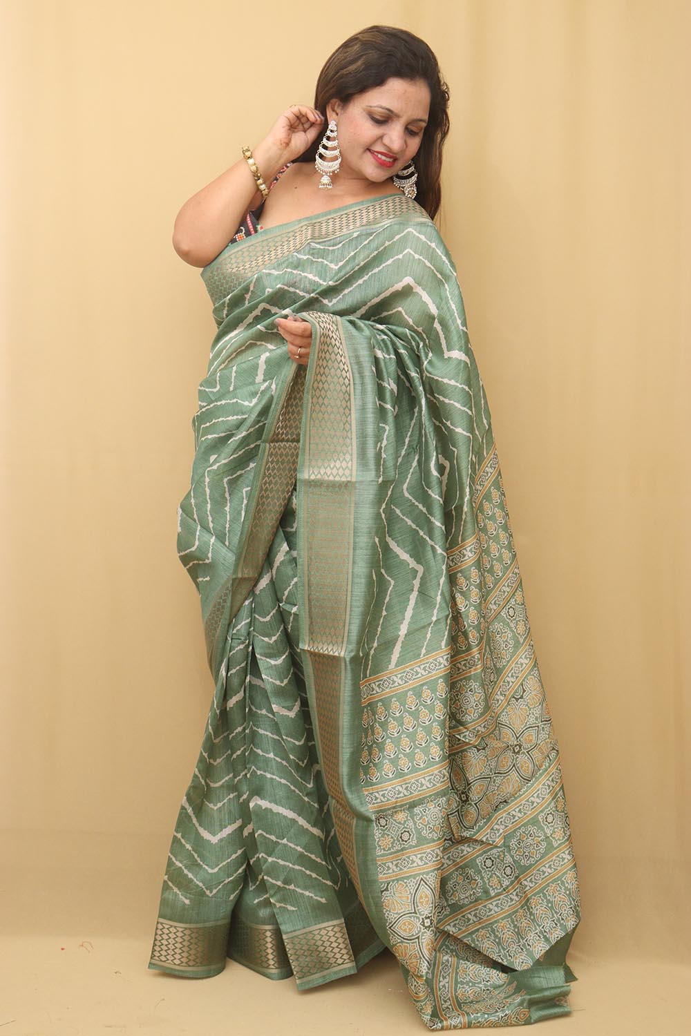 Stunning Green Leheriya Print Tussar Silk Saree
