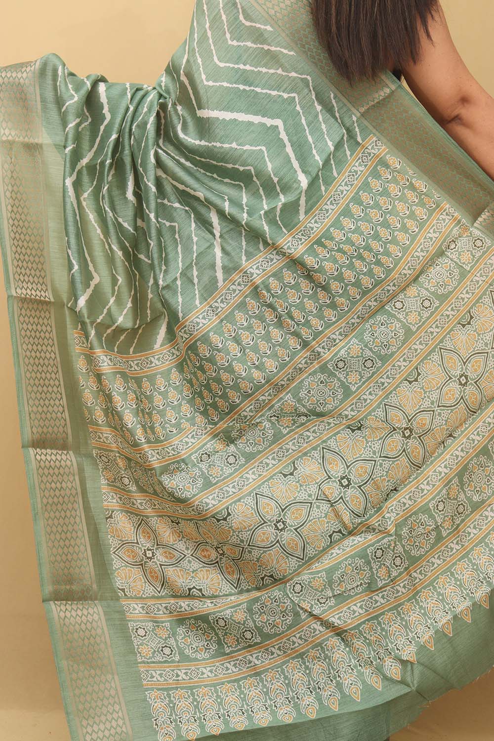 Stunning Green Leheriya Print Tussar Silk Saree