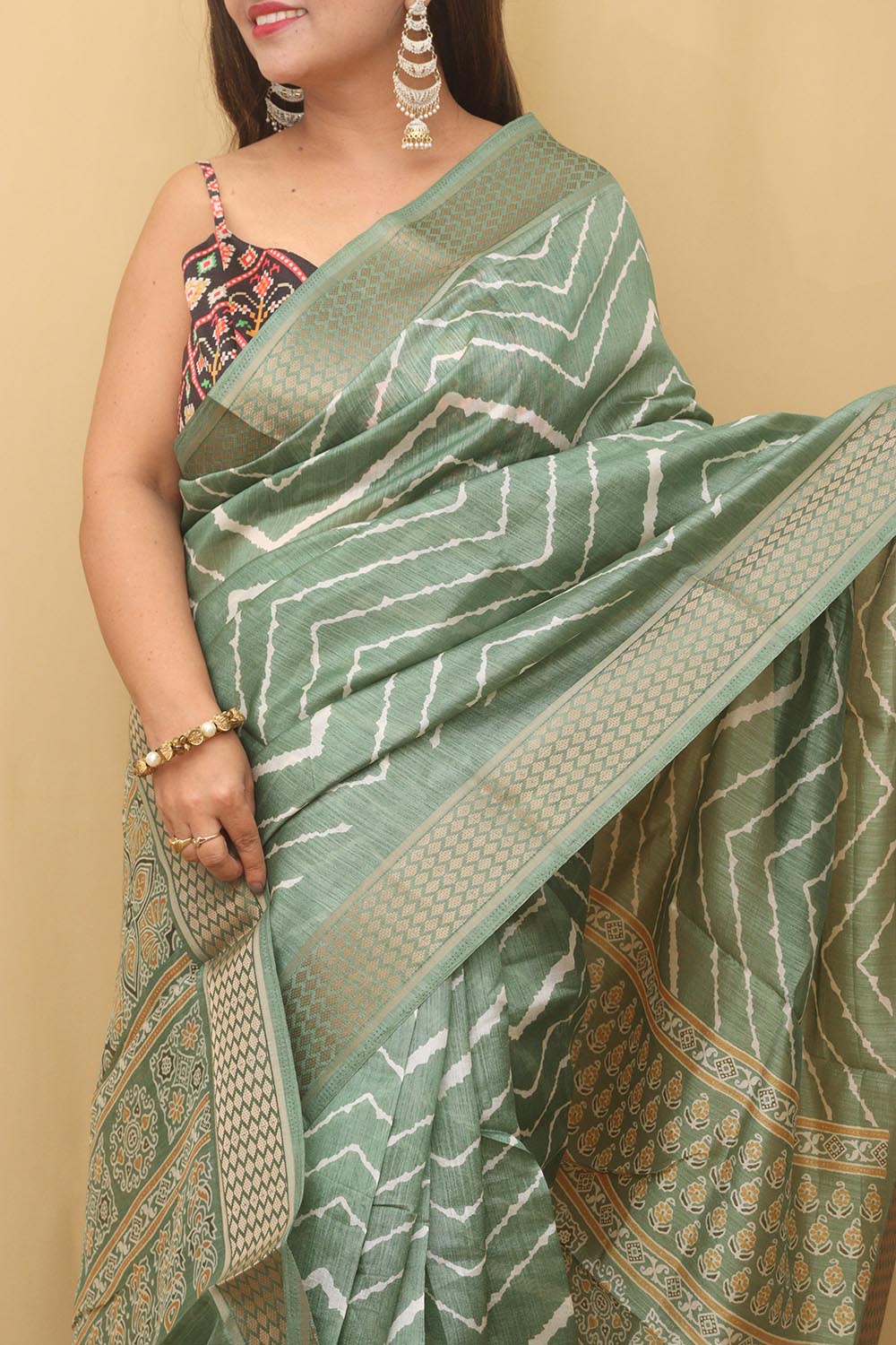Stunning Green Leheriya Print Tussar Silk Saree