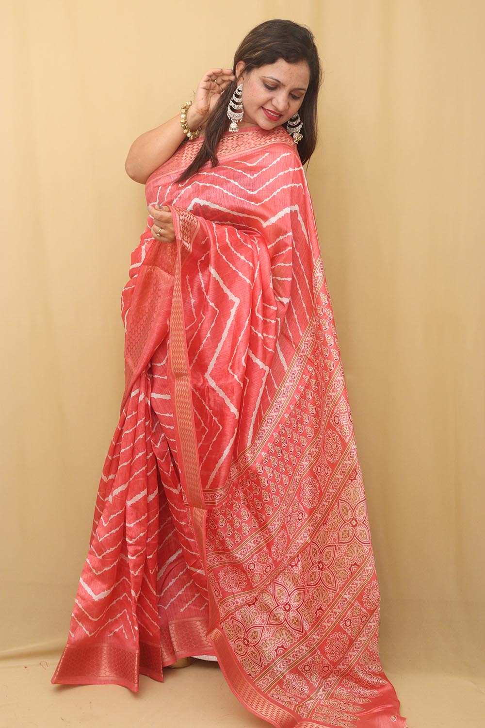 Stunning Pink Leheriya Print Tussar Saree