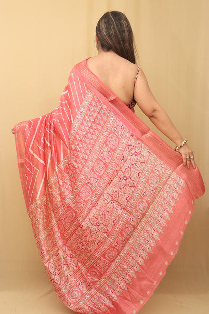 Stunning Pink Leheriya Print Tussar Saree