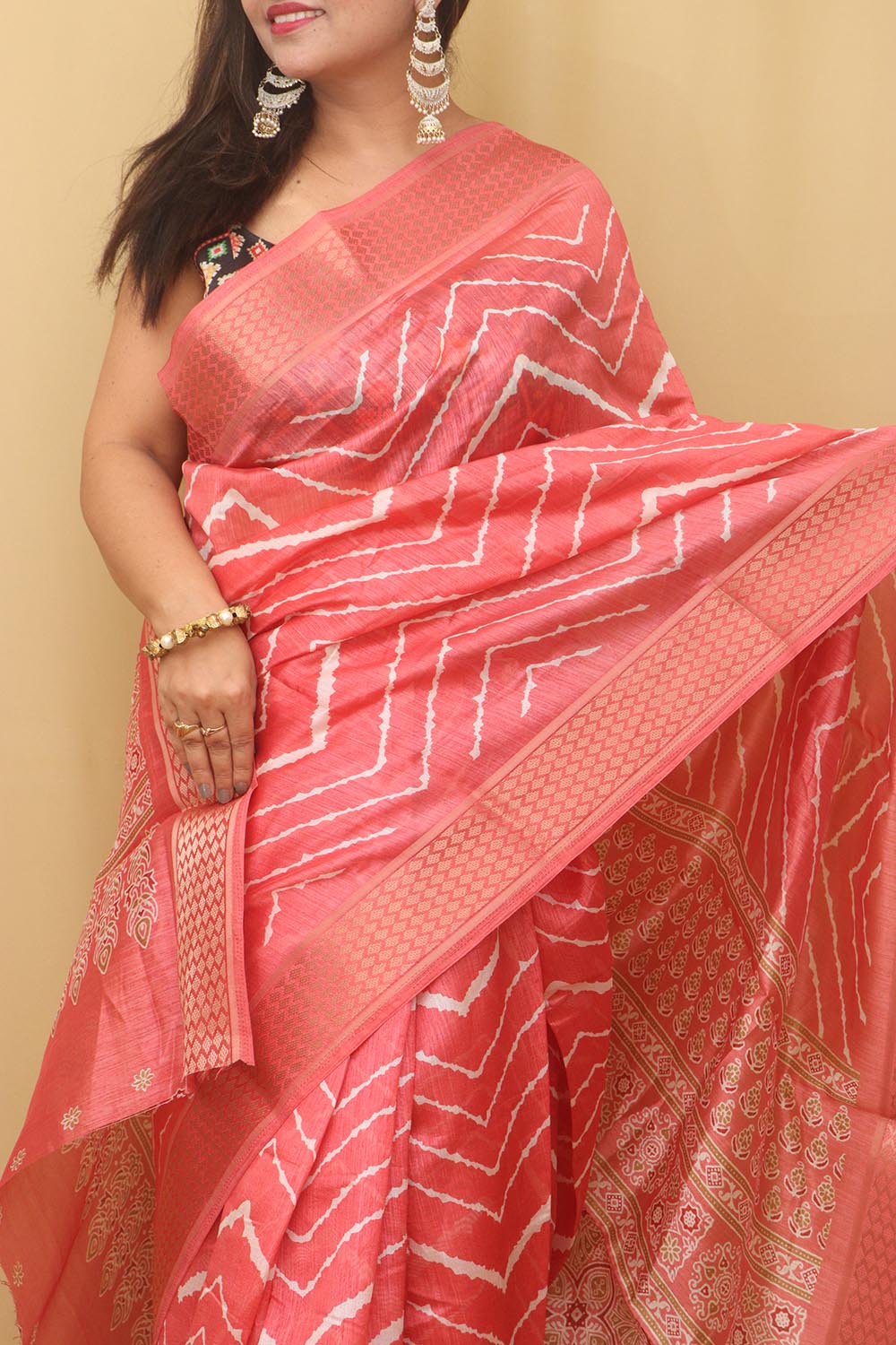 Stunning Pink Leheriya Print Tussar Saree
