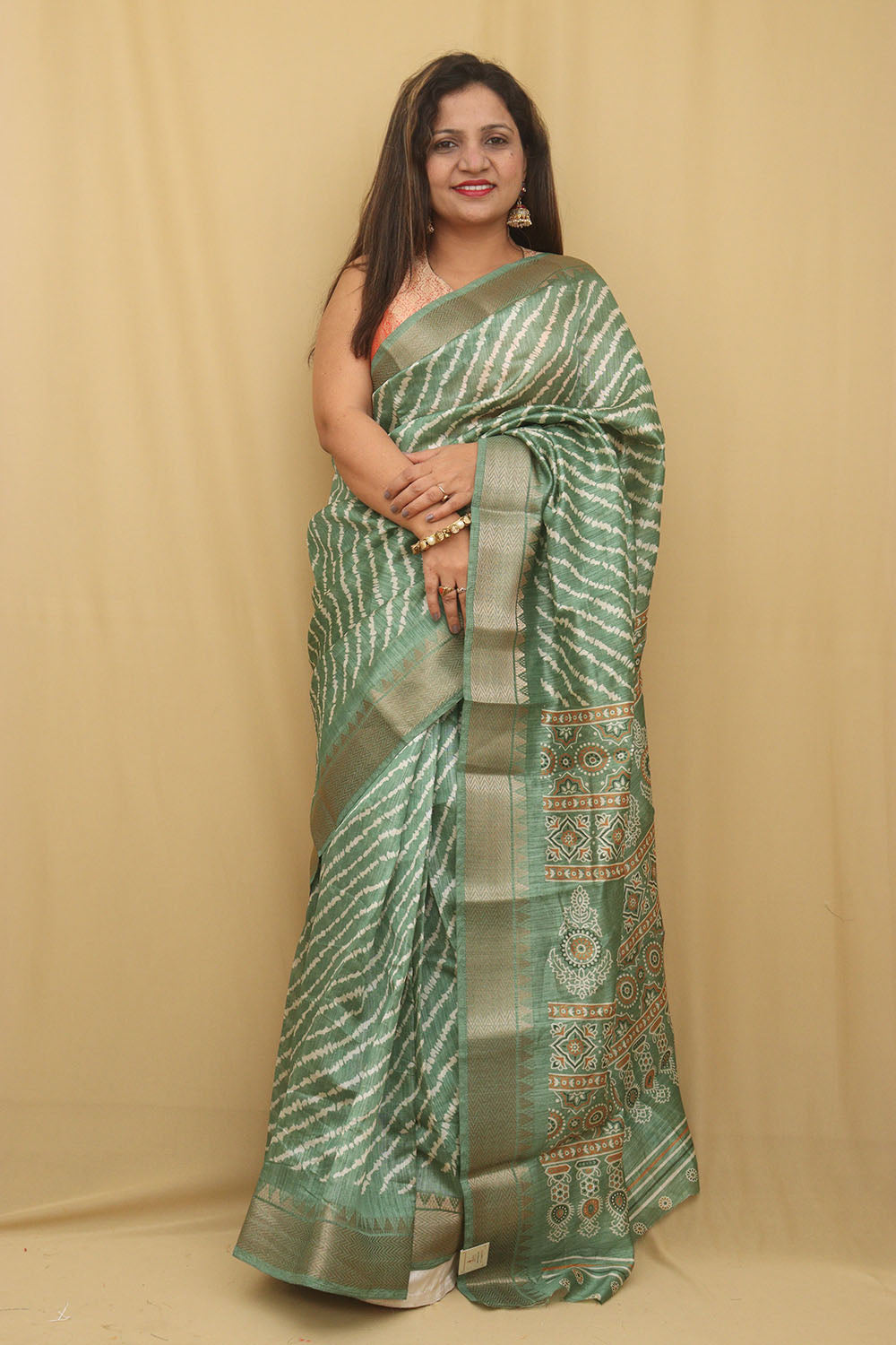 Stunning Green Leheriya Print Tussar Silk Saree
