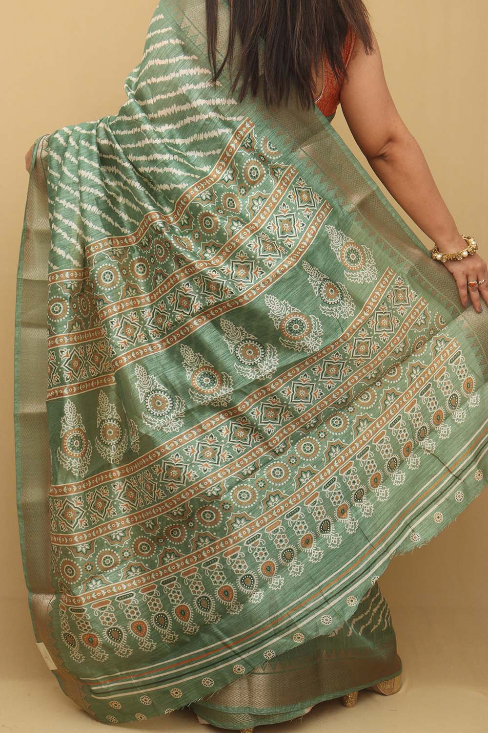 Stunning Green Leheriya Print Tussar Silk Saree