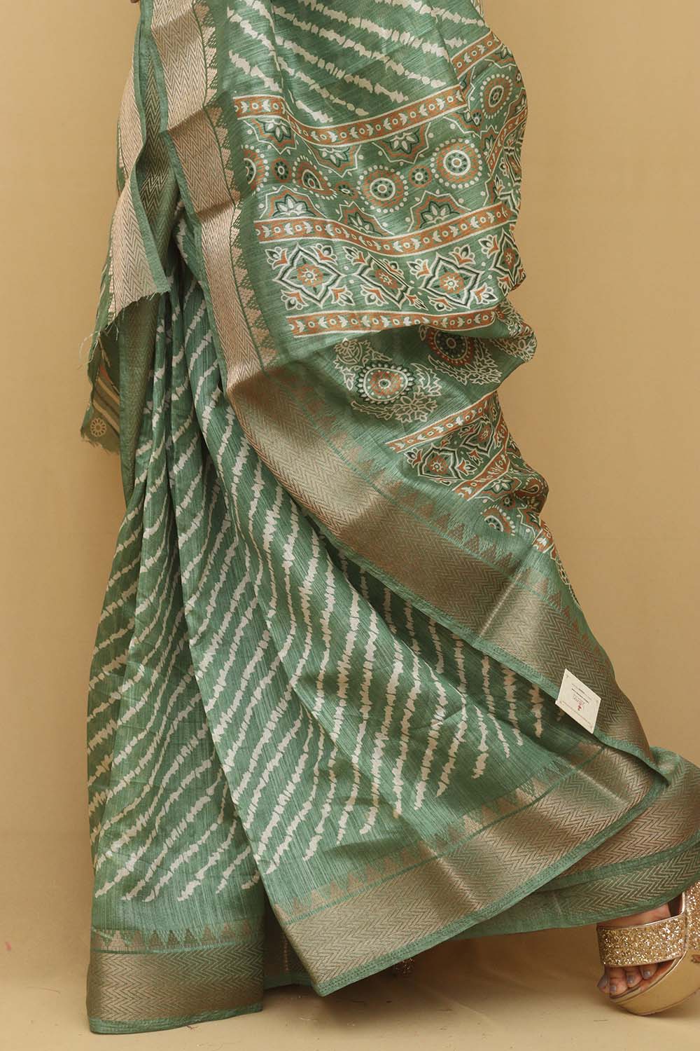 Stunning Green Leheriya Print Tussar Silk Saree