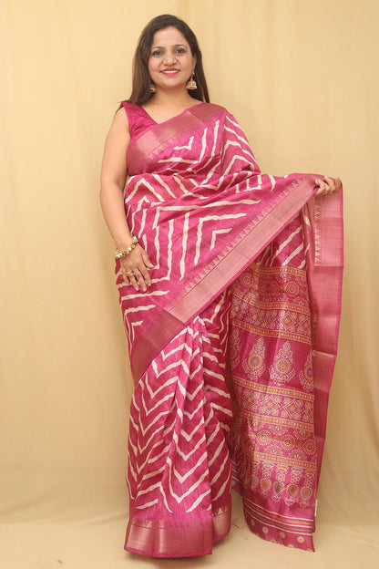 Stunning Pink Leheriya Tussar Silk Saree