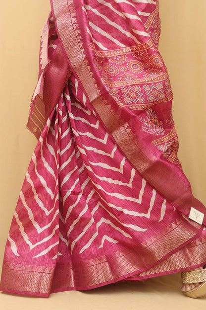 Stunning Pink Leheriya Tussar Silk Saree
