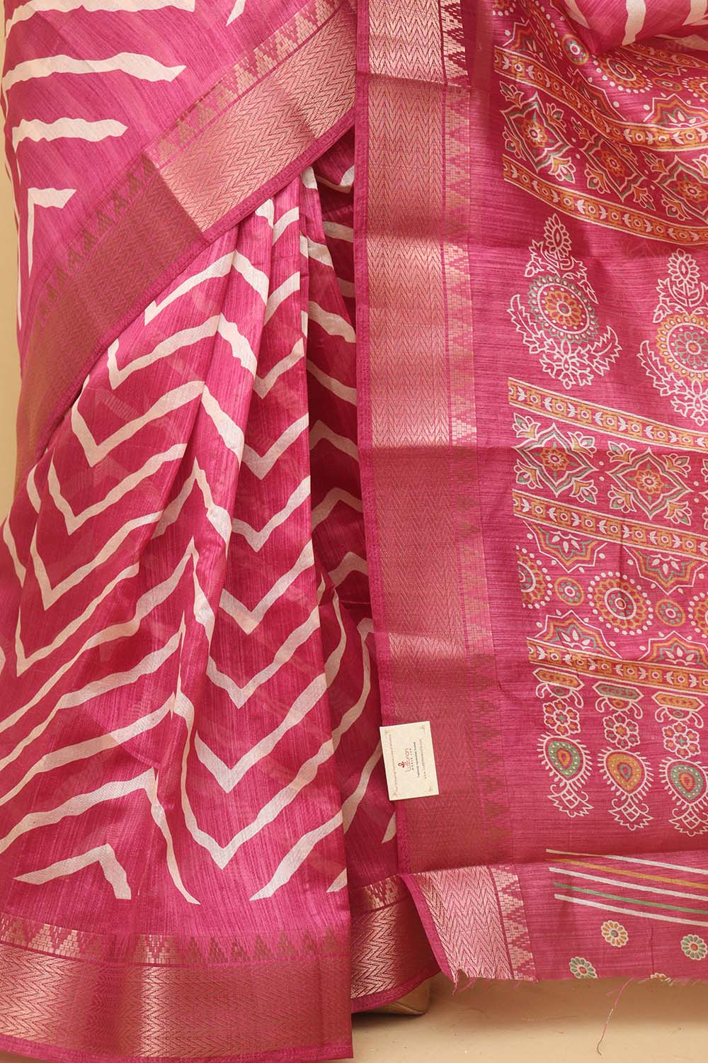 Stunning Pink Leheriya Tussar Silk Saree