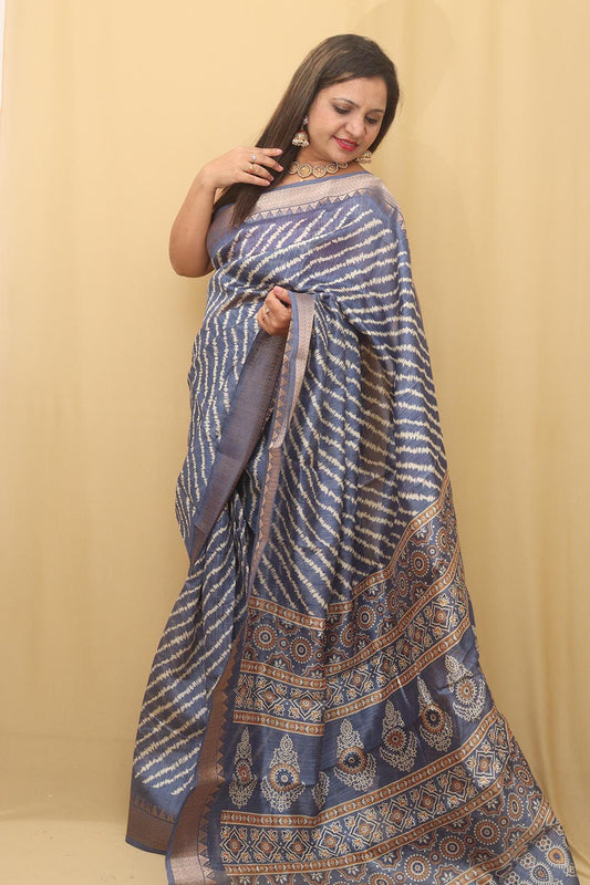 Blue Leheriya Tussar Silk Saree: Elegant and Timeless
