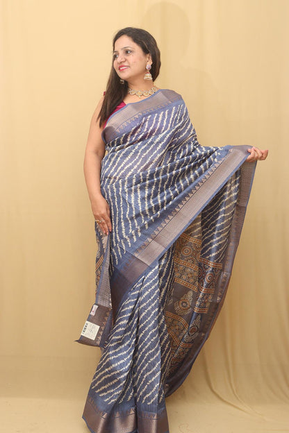 Blue Leheriya Tussar Silk Saree: Elegant and Timeless
