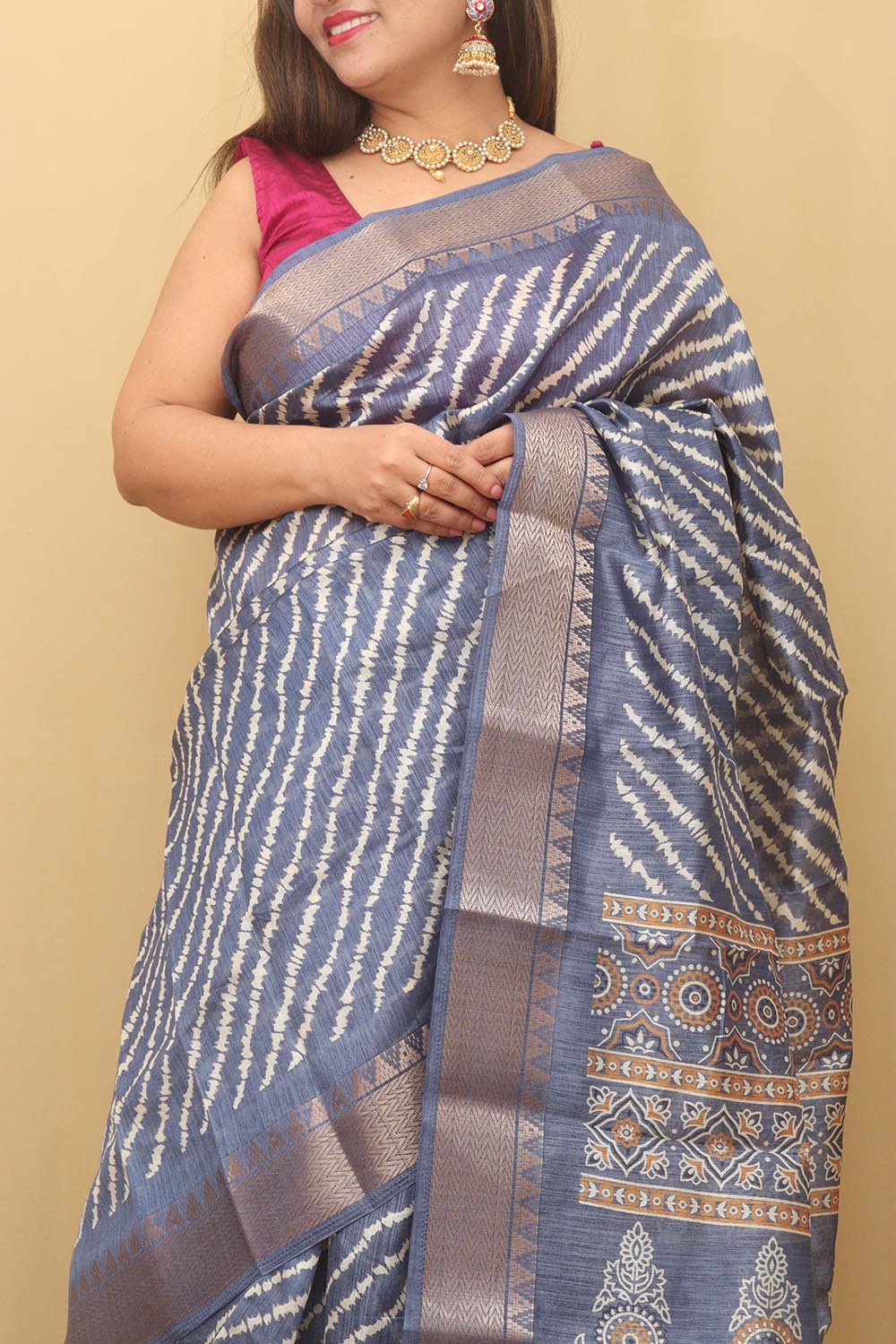 Blue Leheriya Tussar Silk Saree: Elegant and Timeless